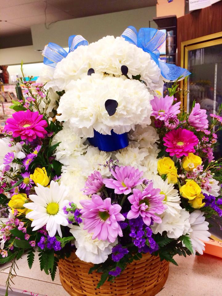 Poodle made out of flowers. Custom creation by Central Square Florist. 