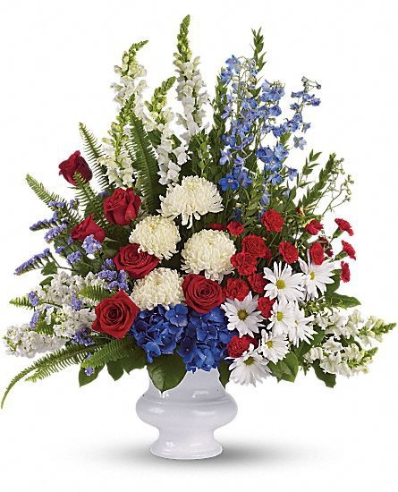 Summer Patriotic Cemetery Flowers with Red Roses Blue Roses and White Forget-me-nots headstone saddle arrangement Blue Spider Mums