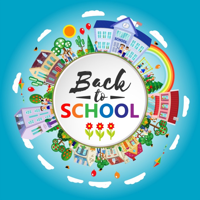 Back to school. Decorative kids round emblem poster. Flat. Vector illustration