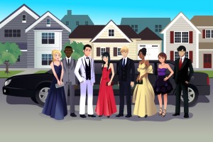A vector illustration of teen in prom dress standing in front of a long limo
