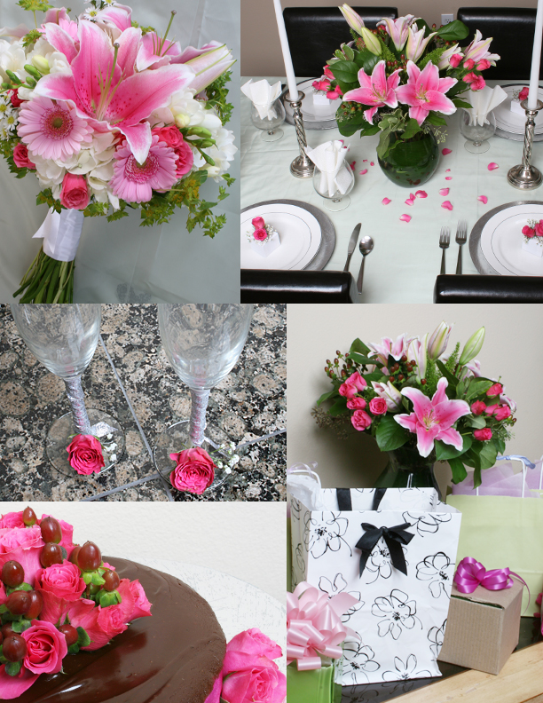 hot pink flowers with white accents