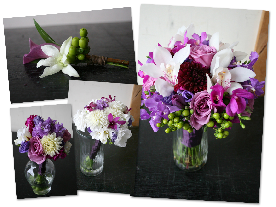 Bridal bouquets in Purples, Magenta, White and Green