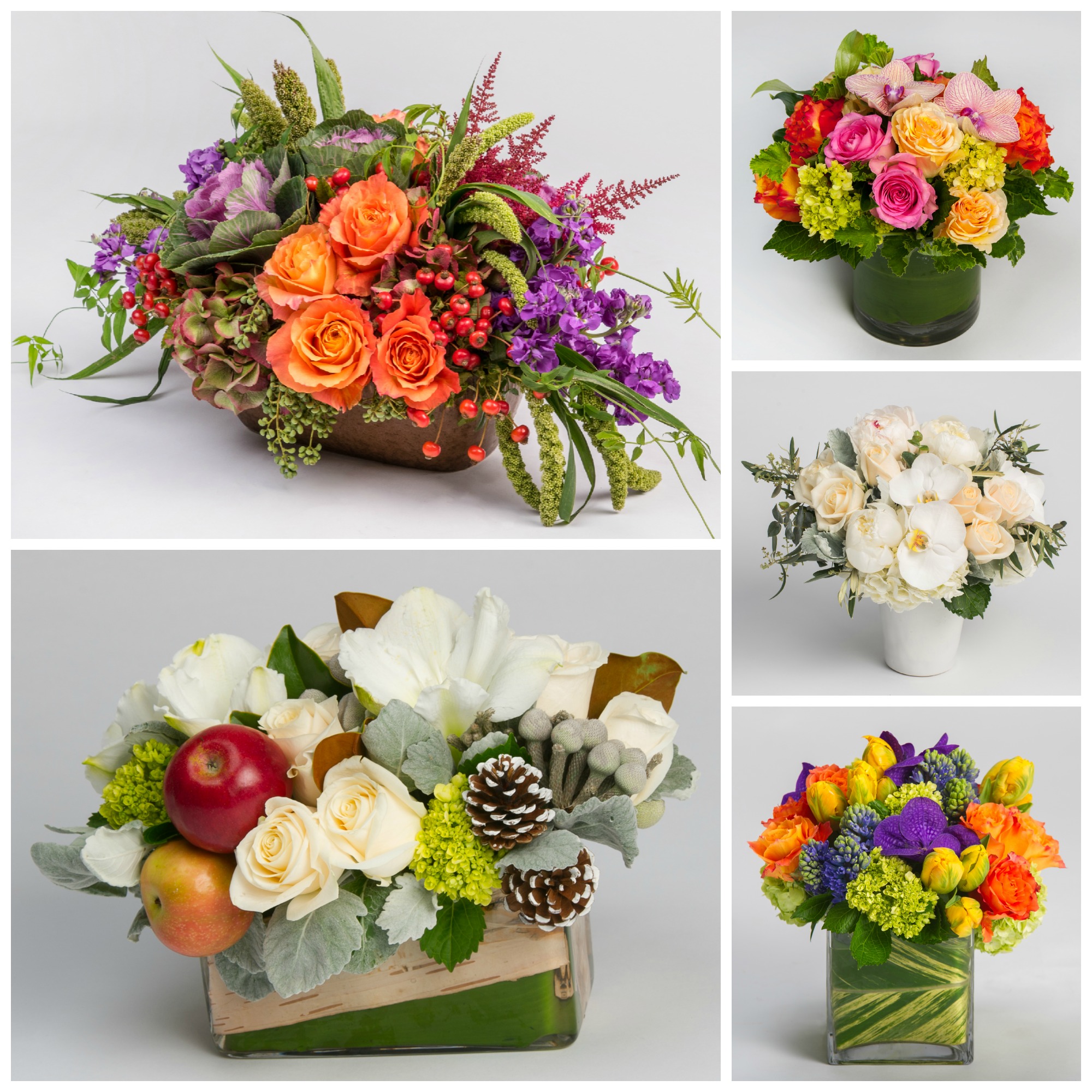 Centerpieces, trios, and traditional flower arrangements are available in year round and change with season and holiday. These fall arrangements make great Thanksgiving centerpieces.