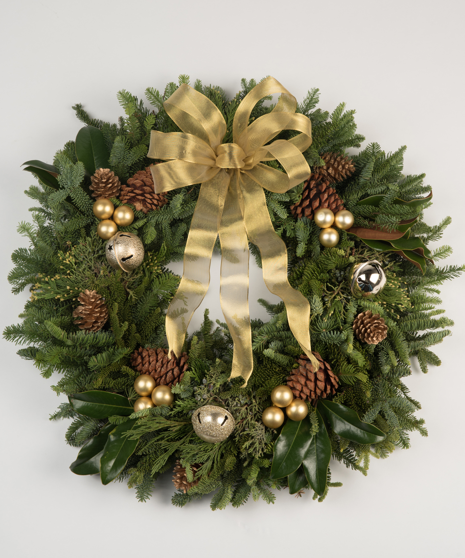Adorn your door or windows with this beautiful, hand crafted Oregon Mixed Wreath adorned with a gold bow and a variety of gold decor.