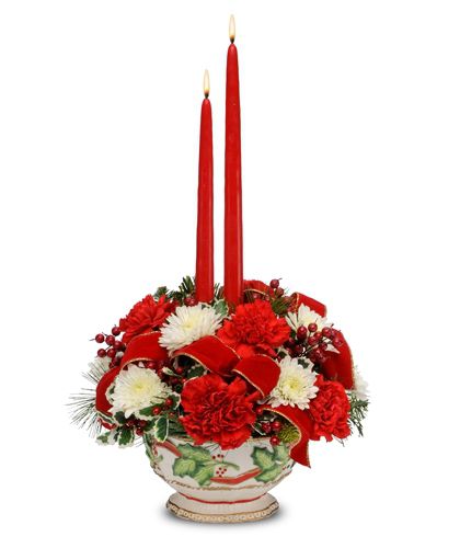Fitz & Floyd Holly Berry Bowl Bouquet with Candles by Phoenix Flower Shops