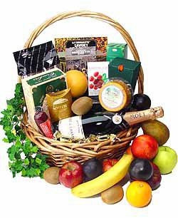 Champagne, Fruit and Gourmet Basket by Adrian Durban Florist