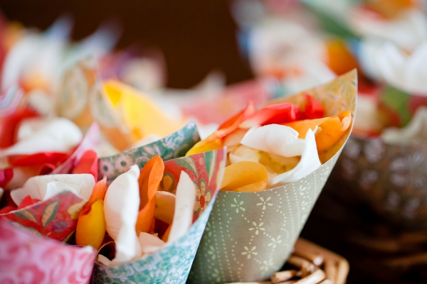 Decorative paper cones filled with petals - a fun alternative to the traditional rice throwing or bubbles