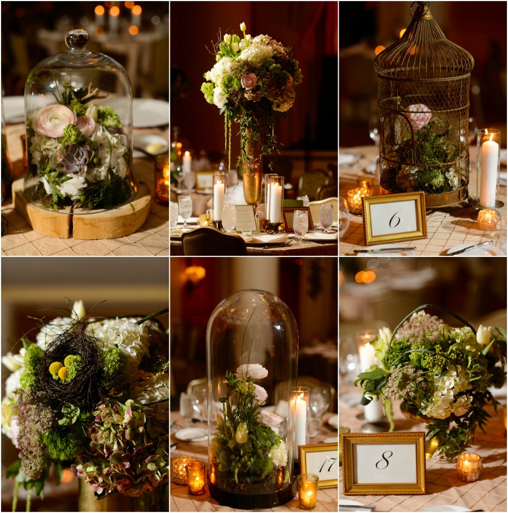 Centerpieces varied from table to table with some designs being low an lush and others being tall and more dramatic. Terrariums and groupings of flowers were used as well.