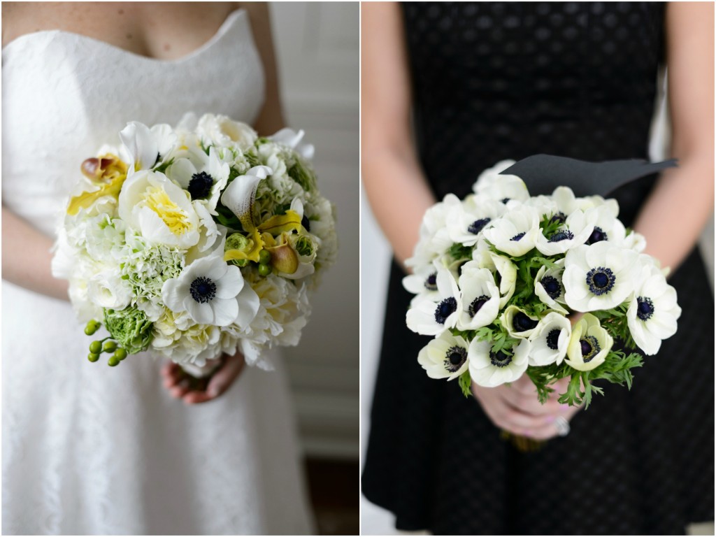 The bride carried a spring inspired bouquet of ivory garden roses, anemones, peonies, ranunculus and hydrangea with touches  of apple green China berry (left). The bridesmaids carried petite bouquets of panda anemones wrapped with a green ribbon (right).