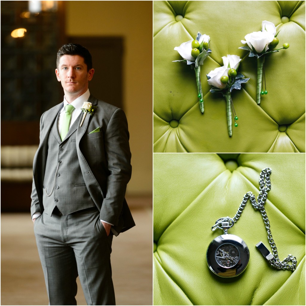 The groom and groomsmen wore crisp apple green ties and white double rose boutonnieres.