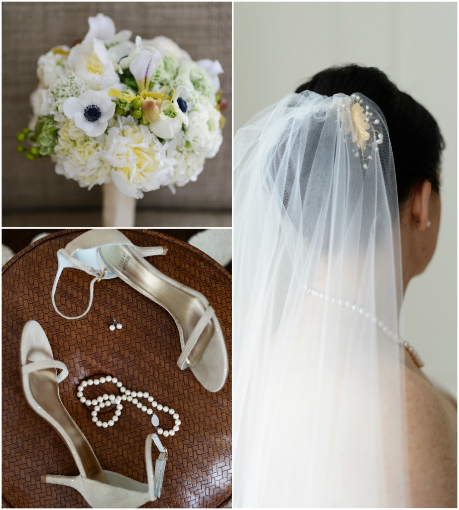 Brigid wore a special gold hair comb with her veil, Stuart Weitzman heels and a classic pearl necklace.  