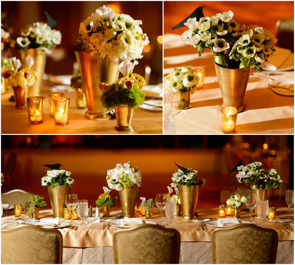 The wedding party shared a head table with trailing centerpieces of gold vases and various white, green and yellow florals including the bridesmaid's bouquets
