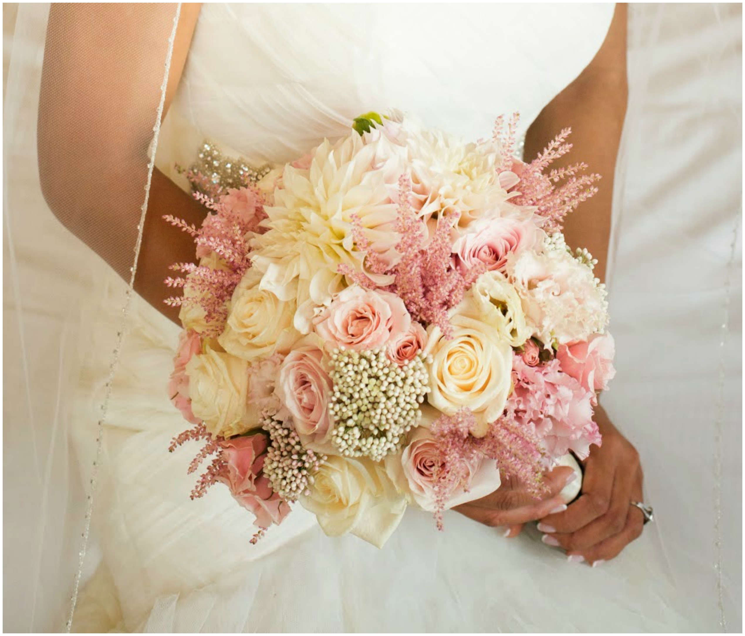 Soft pink & cream bridal bouquet of roses and astilbe