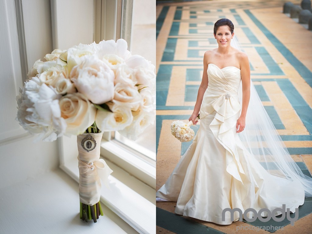Jill wore a strapless gown with a ruffled accent and carried a mixed white bouquet with unique cameo accent