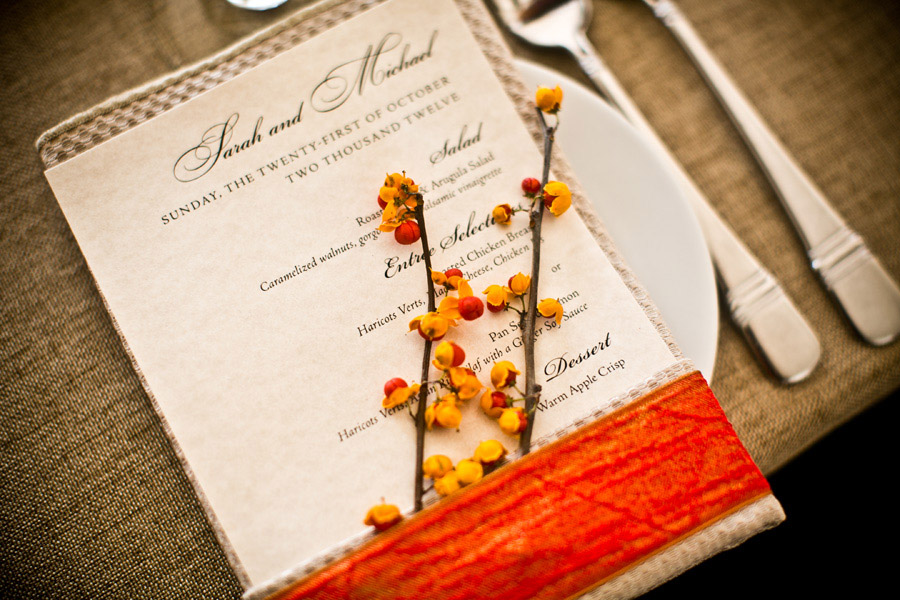 Bittersweet and an orange ribbon lend a special touch to this napkin and menu set - after all, it's all in the details!