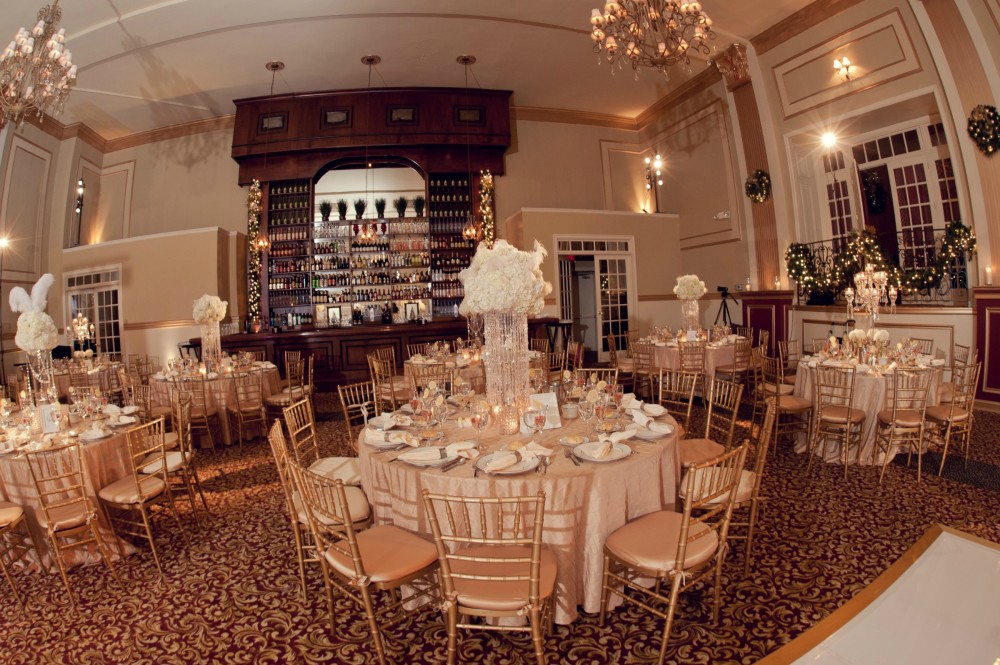 white wedding reception at the Cescaphe Ballroom