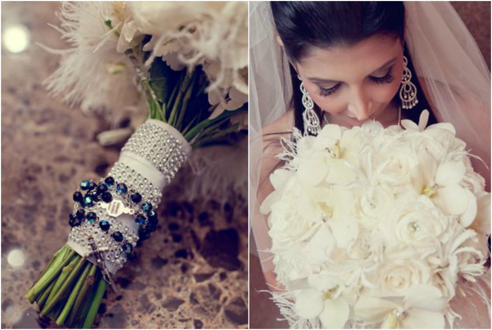 glamorous white bridal bouquet with crystal wrap and feathers