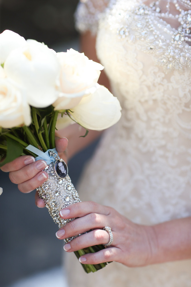 crystal wrapped white bouquet with cameo