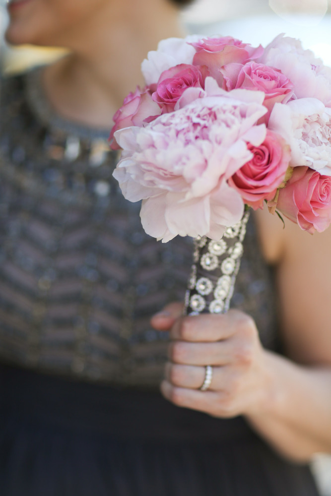 pink peony and crystal bouquet