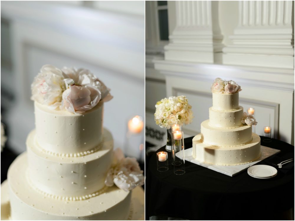 tiered wedding cake with white peonies