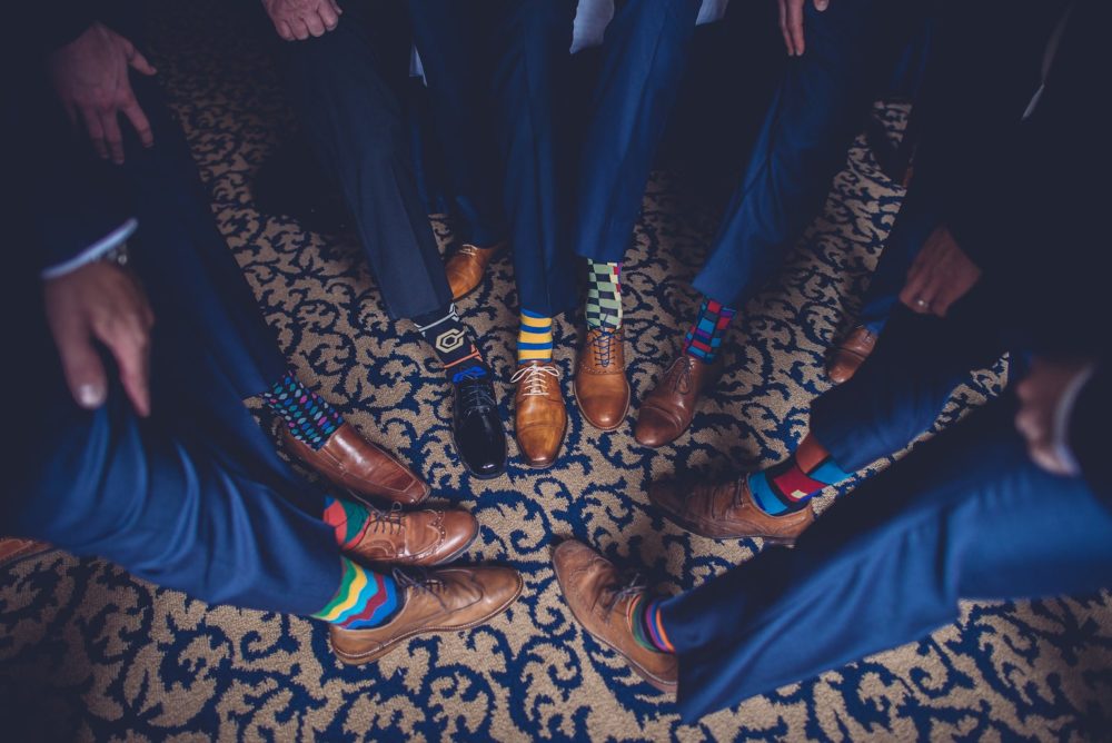 wedding trend - navy blue groomsmen suits and patterned socks